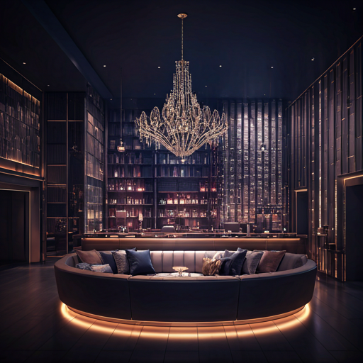 Luxury nightclub interior with electric blue and cyan lighting, VIP tables and immersive atmosphere.